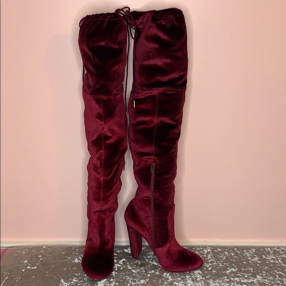 JustFab Shoes - JustFab over the knee burgundy velvet boots